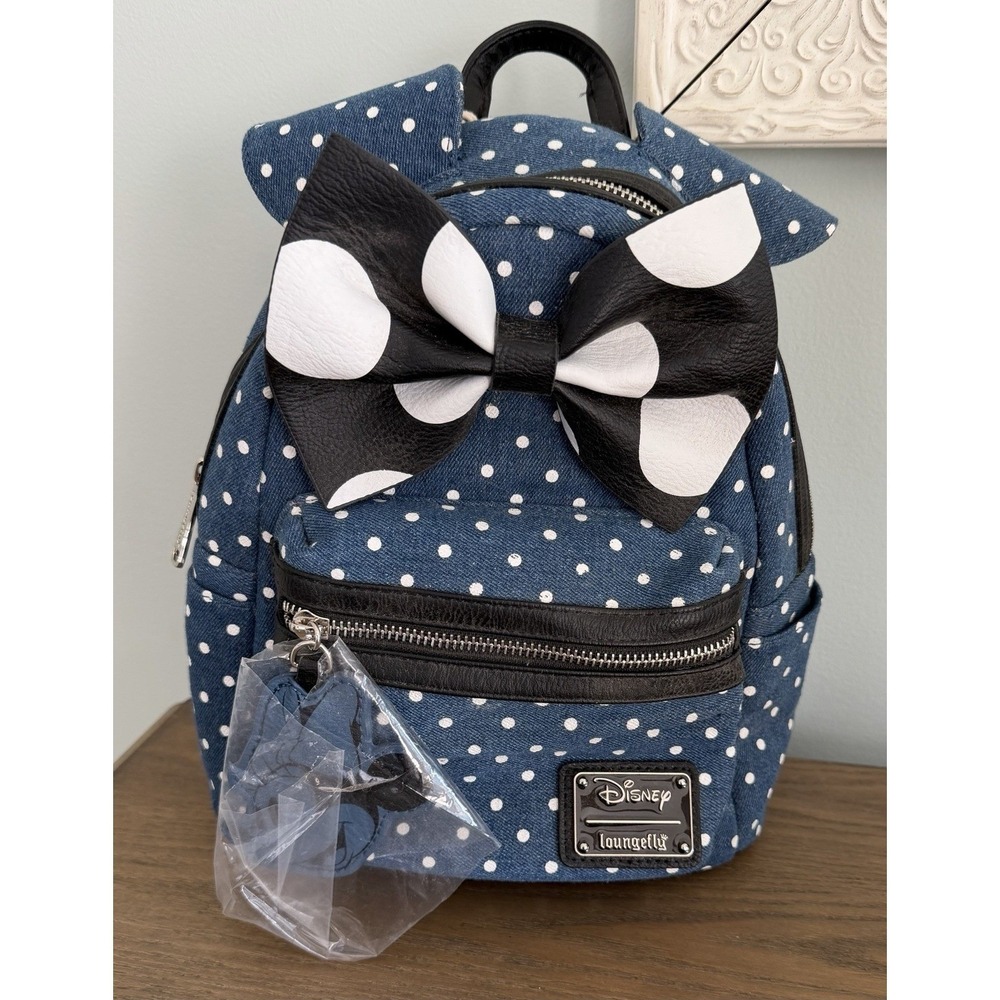 Loungefly Disney Minnie Mouse Backpack Denim Blue White Polka Dots Mini Size